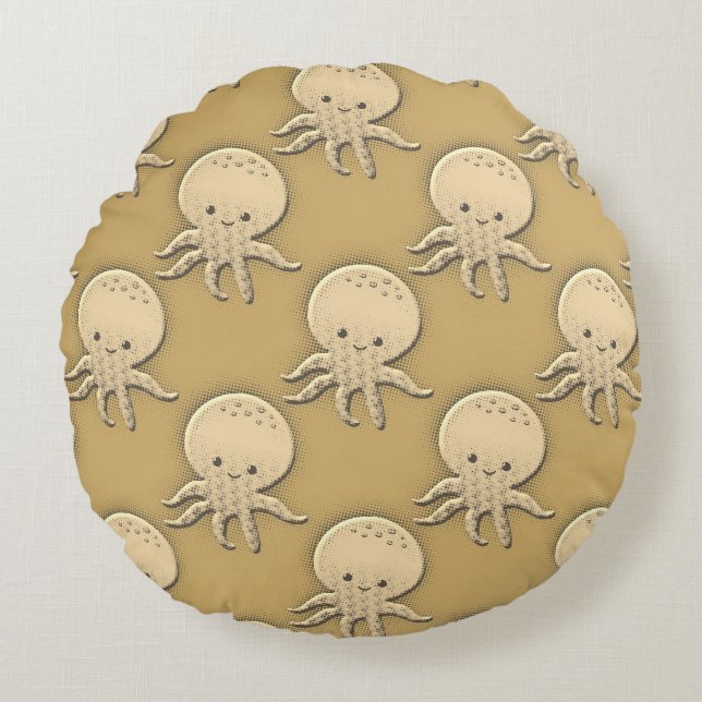Almofada Redonda Estilo Vintage Sepia Baby Octopus (Frente)