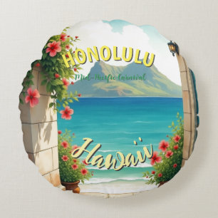 Almofada Redonda Estilo Vintage Viagem Honolulu Médio Havaiano - Pa