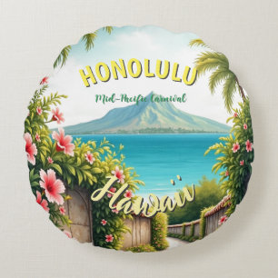 Almofada Redonda Estilo Vintage Viagem Honolulu Médio Havaiano - Pa
