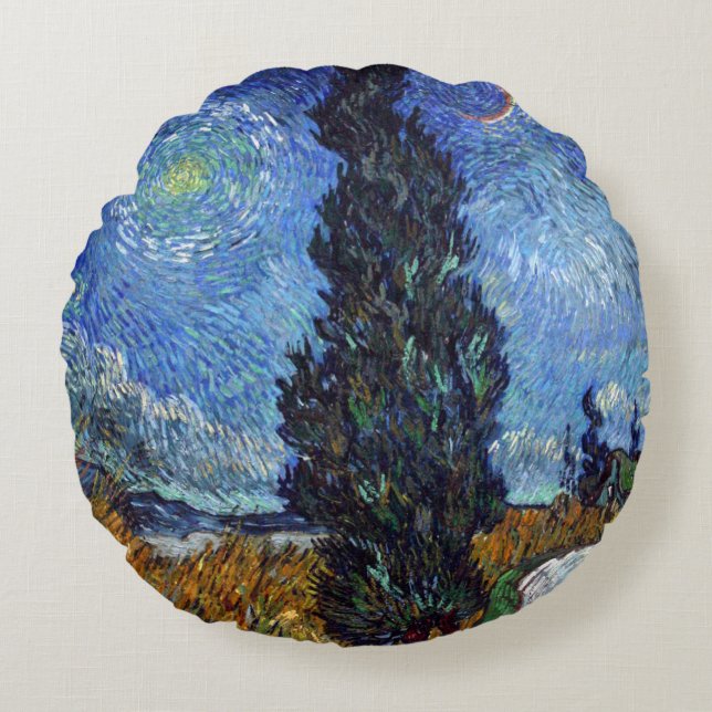 Almofada Redonda Estrada Com Ciprestes Impressionismo Van Gogh (Frente)