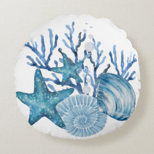 Almofada Redonda Estrela-do-Mar Coral Azul Arte Beechy Aquarela