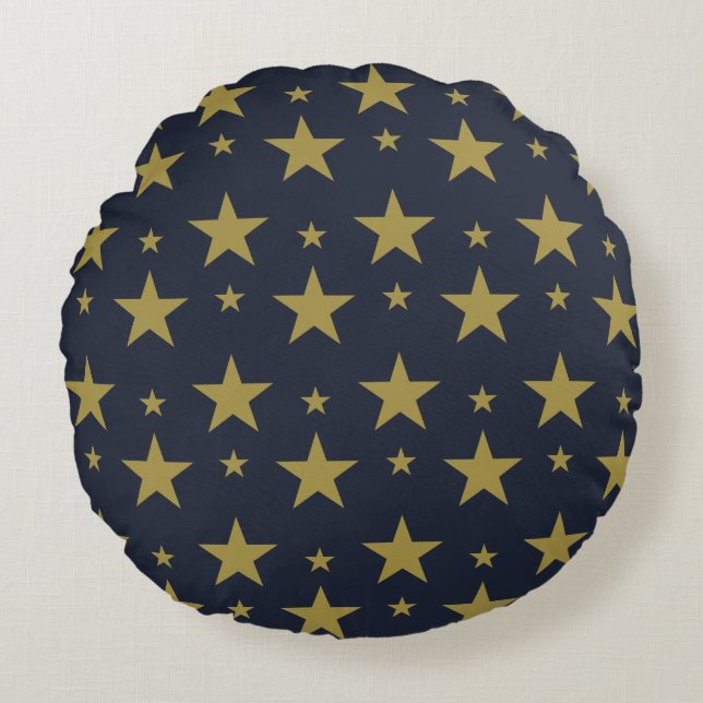 Almofada Redonda Estrelas do ouro em azul Marinho - Elegante e Eter (Frente)