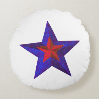Almofada Redonda "Estrelas Vermelhas e Azuis" Camadas com Fundo Azu