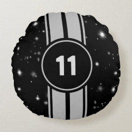 Almofada Redonda Estrelo de faixas de corridas pretas e prateadas