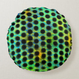 Almofada Redonda esverdeada de cír culos pretos e bagunça