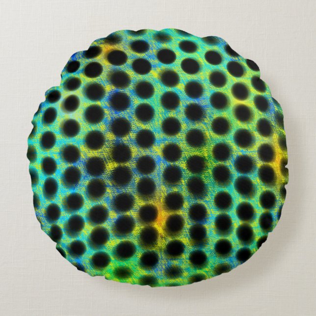 Almofada Redonda esverdeada de cír culos pretos e bagunça (Frente)