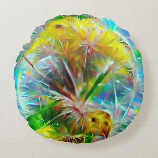 Almofada Redonda Eteal Dandelions em Neon Dreamscape (Frente)