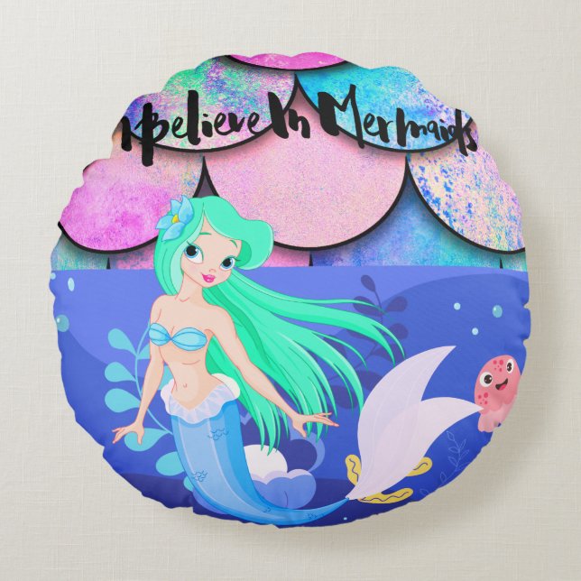 Almofada Redonda Eu Acredito No Travesseiro decorativo De Sereias (Frente)
