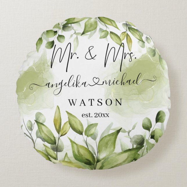 Almofada Redonda Eucalyptus Greenery Blush Modern Trendy Script (Frente)