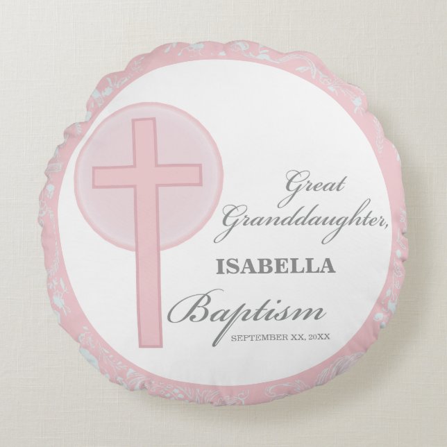 Almofada Redonda Excelente Batismo Avô Lace Rosa Personalizado (Frente)