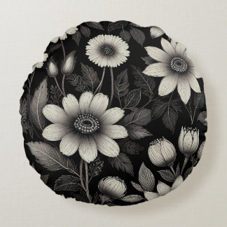 Almofada Redonda Exemplo gráfico de flores de preto e branco