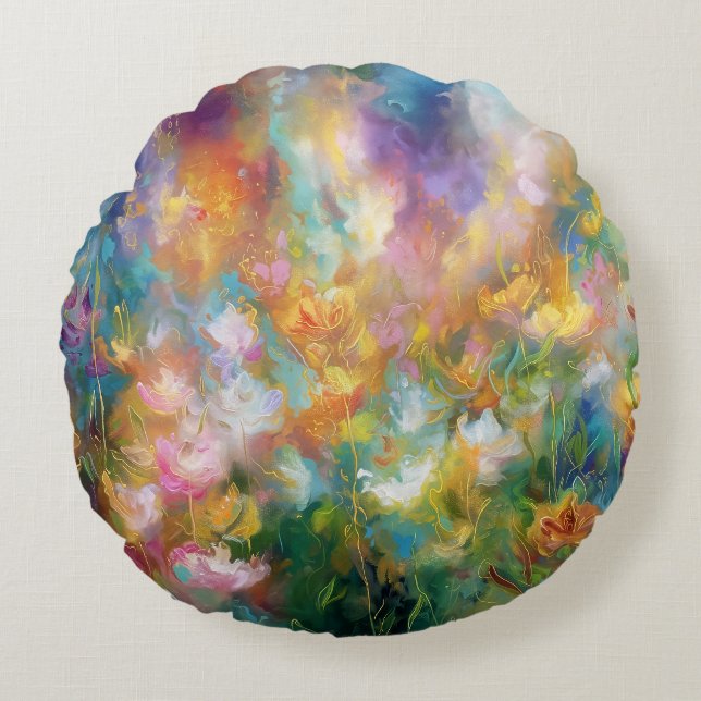 Almofada Redonda Explosão floral cósmica abstrata em cores pastéis (Frente)