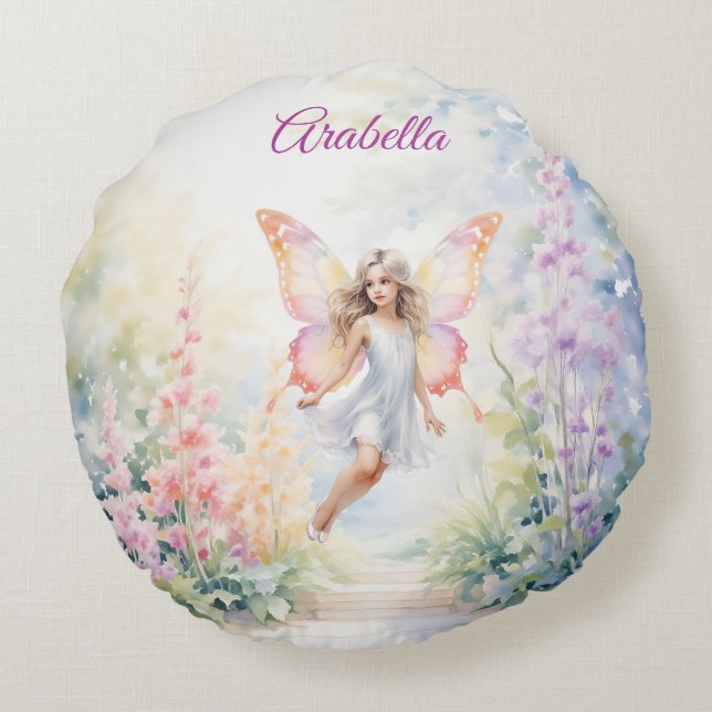 Almofada Redonda Fada bonito de borboleta de Pastel em Jardim Flor (Verso)
