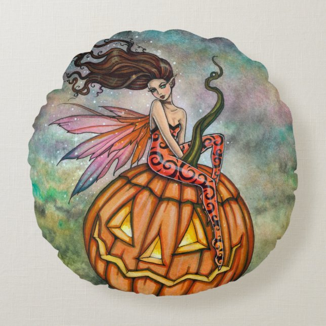 Almofada Redonda Fada do Halloween e Arte de Abóbora Jack-o-Lantern (Frente)