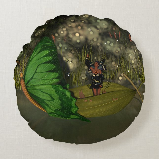 Almofada Redonda Fada Fácil no Barco com Vagalumes (Frente)