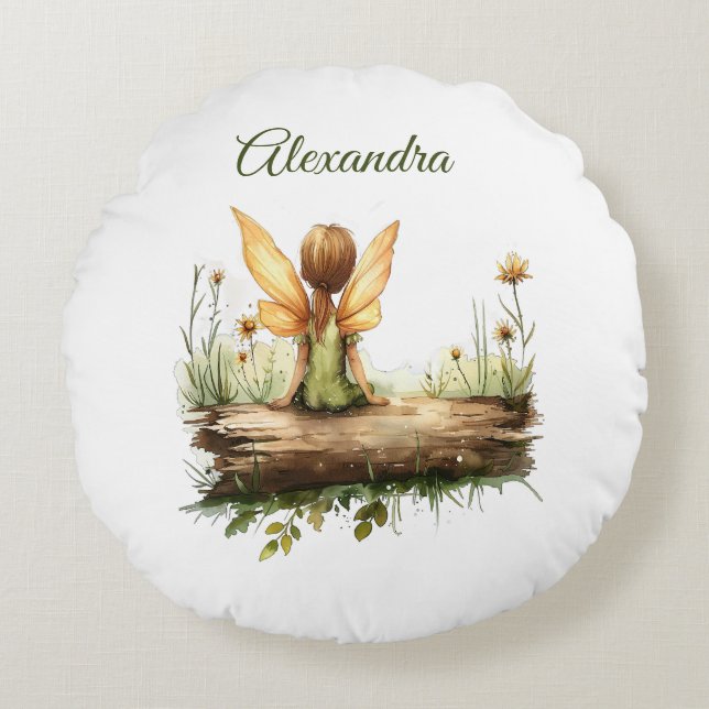 Almofada Redonda Fada solitário sentada em um diário (Frente)