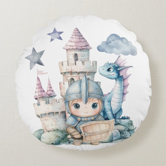 Almofada Redonda Fairytale Dreamy Dragon Blue Knight Chá de fraldas (Frente)