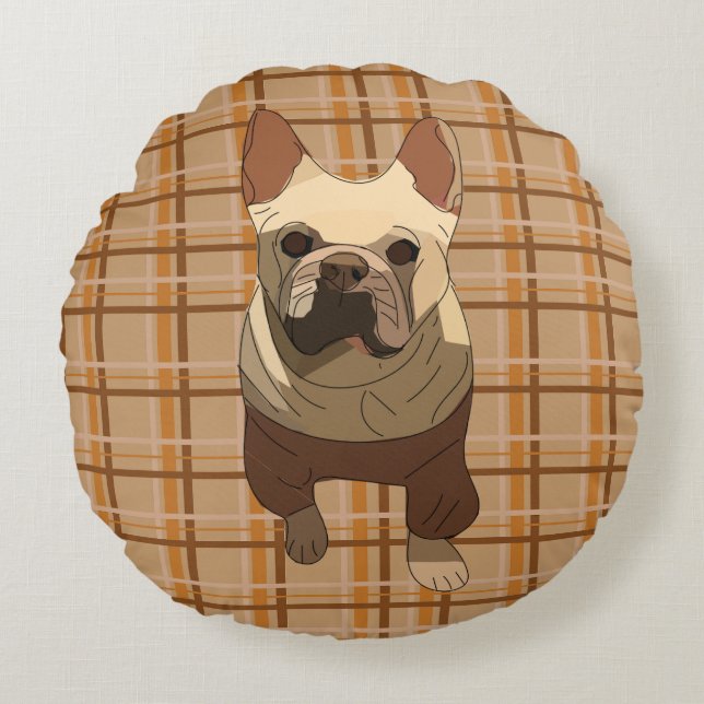 Almofada Redonda Fall Plaid French Bulldog (Frente)