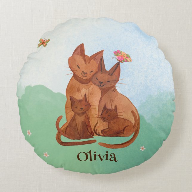 Almofada Redonda Família Adorável de Gatos (Frente)