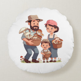 Almofada Redonda Família Colhendo Cogumelos Juntos