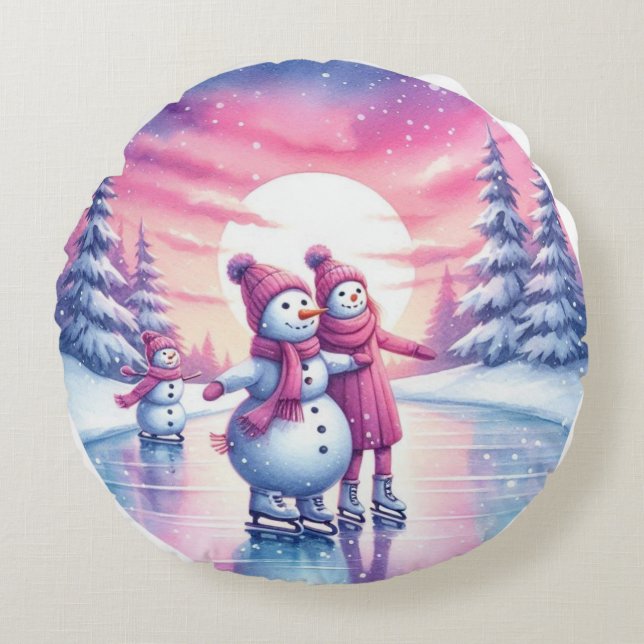 Almofada Redonda Família de Boneco de Neve Fofa Almofada de Natal (Frente)