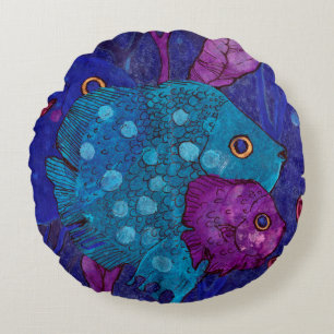 Almofada Redonda Família de Peixes, Subaquático, Azul e Roxo