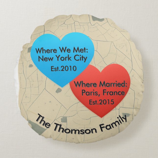 Almofada Redonda Family Love Journey Pillow – Personalized Map Hear (Frente)