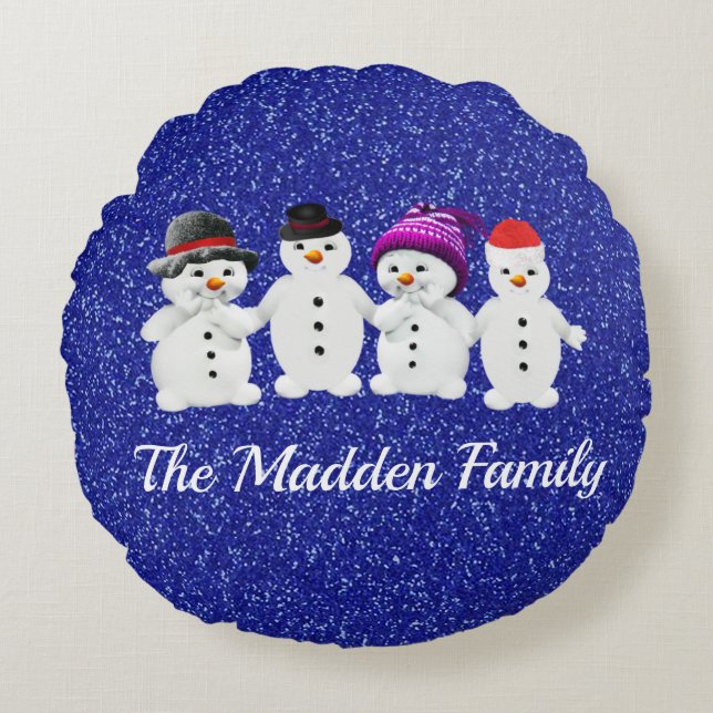 Almofada Redonda Family of Four Snowmen Blue Sparkle Winter (Frente)