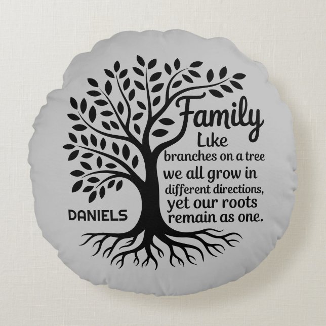 Almofada Redonda Family Tree Black & Gray Personalized (Frente)