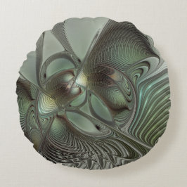 Almofada Redonda Fantasia de Arte Fractal da Cinza Olive Sage