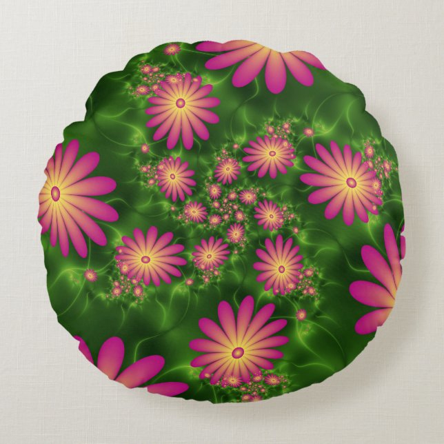 Almofada Redonda Fantasia Rosa Flói Arte Fractal Moderna Abstrato (Frente)
