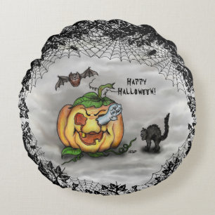 Almofada Redonda Fantasma, Bat e Cat, Feliz Halloween!