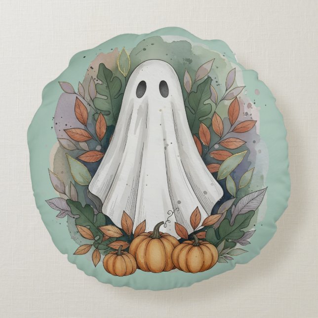 Almofada Redonda Fantasma com Pumpkins e Folhas de outono (Verso)