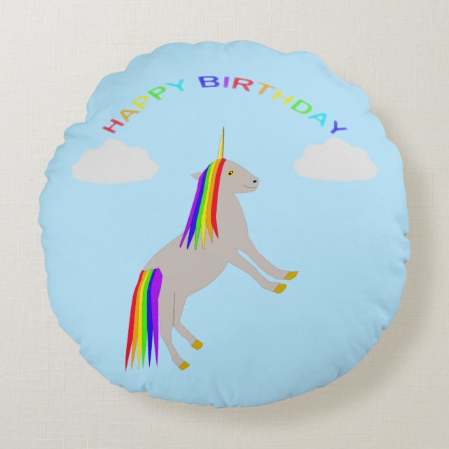 Almofada Redonda Fantasy Birthday Unicorn Rainbow and Clouds Custom (Frente)