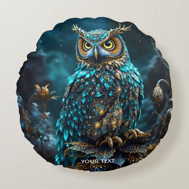 Almofada Redonda Fantasy Cute Brass Turquoise Owl (Frente)