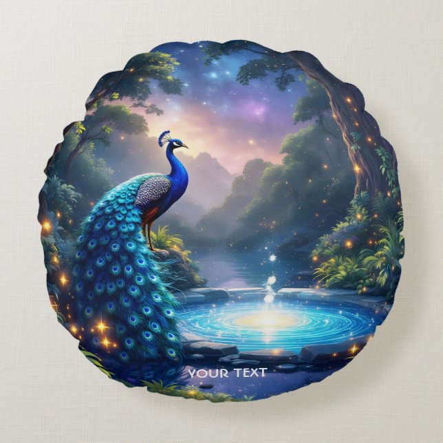 Almofada Redonda Fantasy Cute Night Puddle Peacock (Frente)