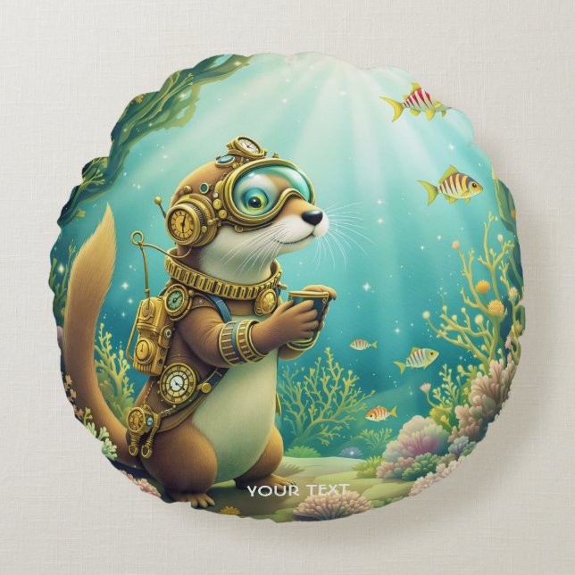 Almofada Redonda Fantasy Cute Otter Steampunk Suit (Frente)