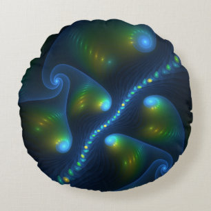 Almofada Redonda Fantasy Luzes Abstrato Azul Verde Amarelo Fractal