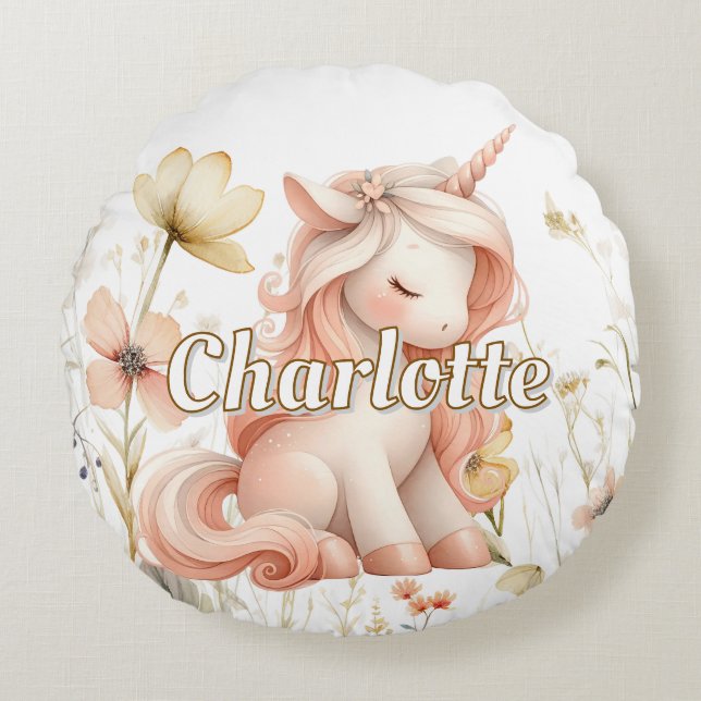 Almofada Redonda Farinha silvestre pastel unicórnio (Frente)