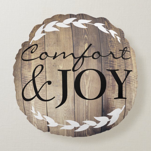 Almofada Redonda Farmhouse Comfort & JOY Family Name White Laurels (Frente)