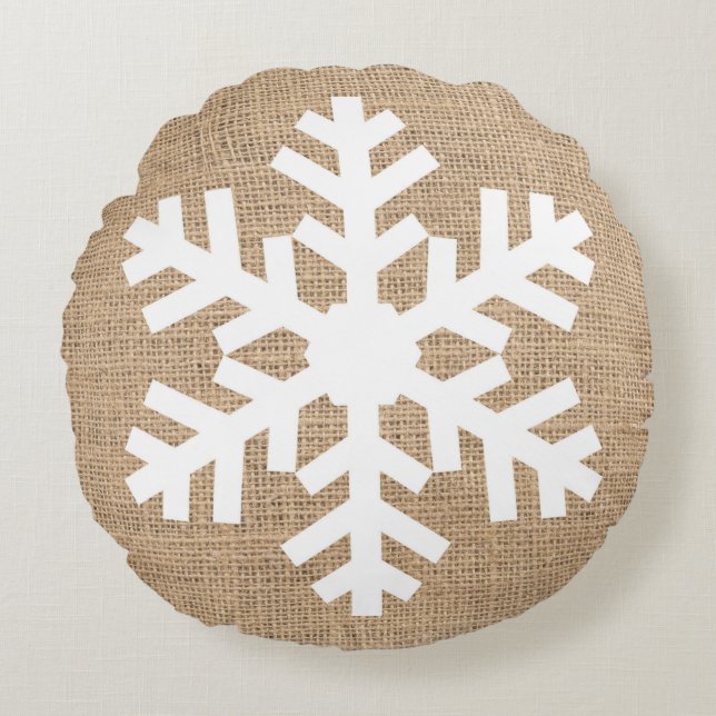 Almofada Redonda Farmhouse Moderno Natal Floco de Neve Burlap Russo (Frente)