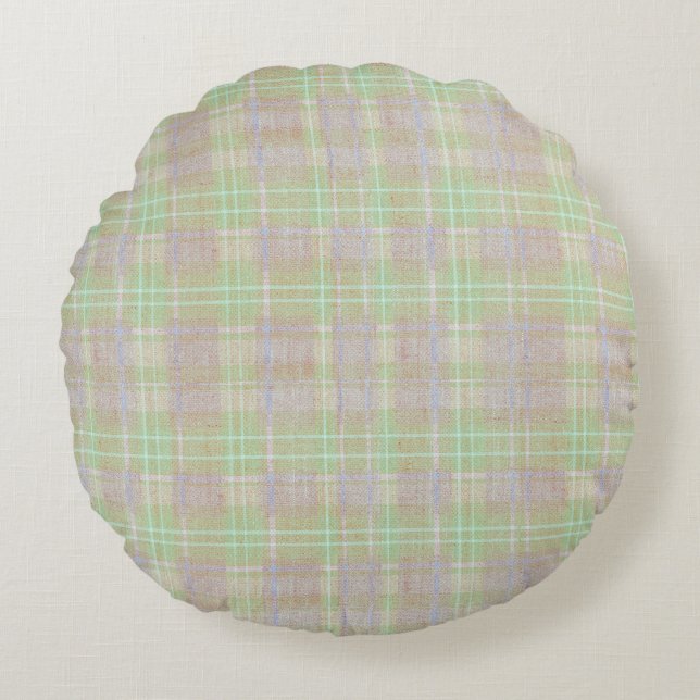 Almofada Redonda Farmhouse Neutral Sage Plaid (Frente)