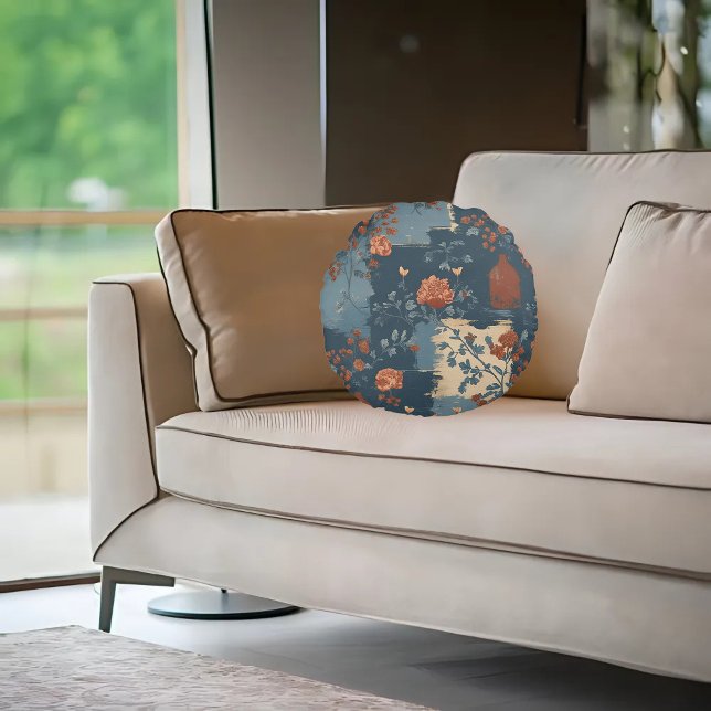 Almofada Redonda Farmhouse Russo de Ferrugem Azul do País (Criador carregado)