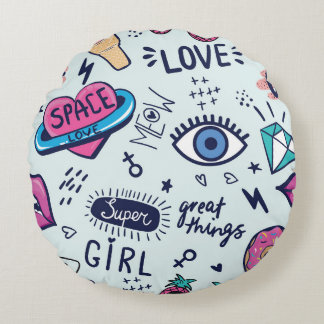 Almofada Redonda Fashion Patch: Pop Art Stickers.