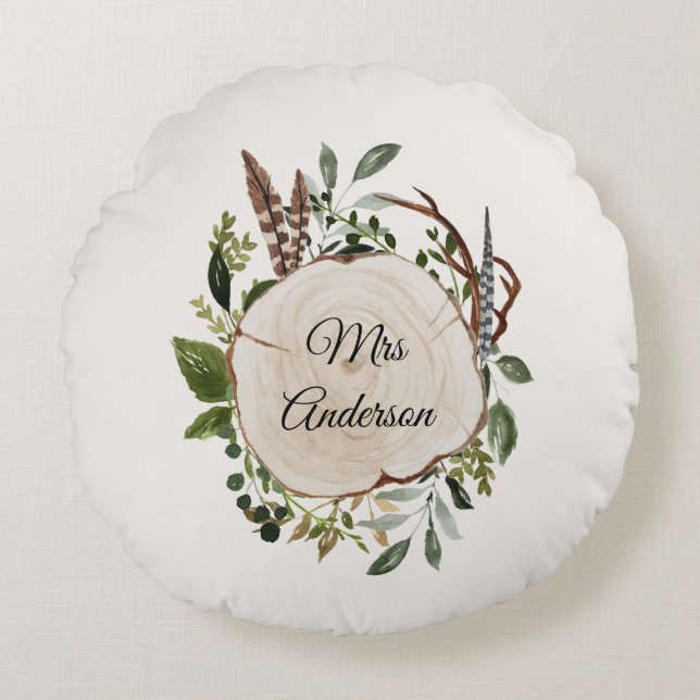 Almofada Redonda Fatia russa de madeira de giz foliar (Frente)