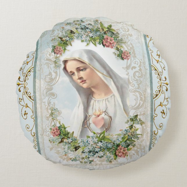 Almofada Redonda Fatima Bênção Virgem Maria Católica Floral (Frente)