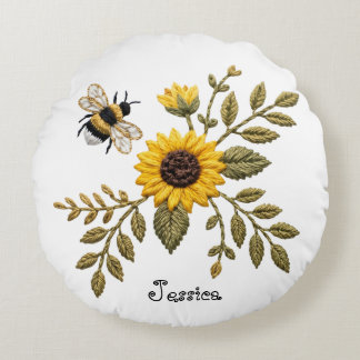 Almofada Redonda Faux Embroidery Sunflower and Honeybee