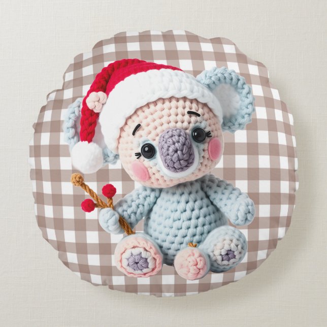 Almofada Redonda Faux Yarn Notch-Hook Koala Christmas Design (Frente)