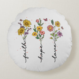 Almofada Redonda "Fé-Esperança-Amor" Design Floral Inspiring