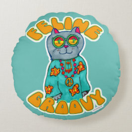 Almofada Redonda Feline Groovy Hippie Cat Marker Design